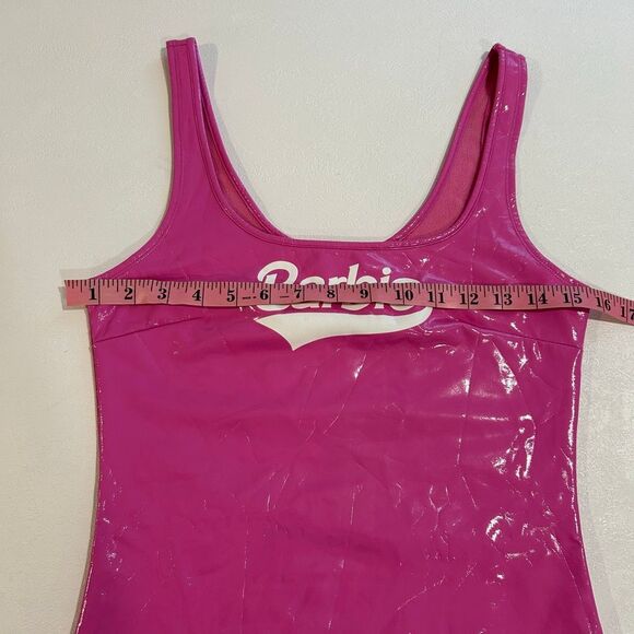 Forever 21 x Barbie Hot Pink Logo Bodysuit Size S Vinyl Barbiecore One Piece - Picture 4 of 6